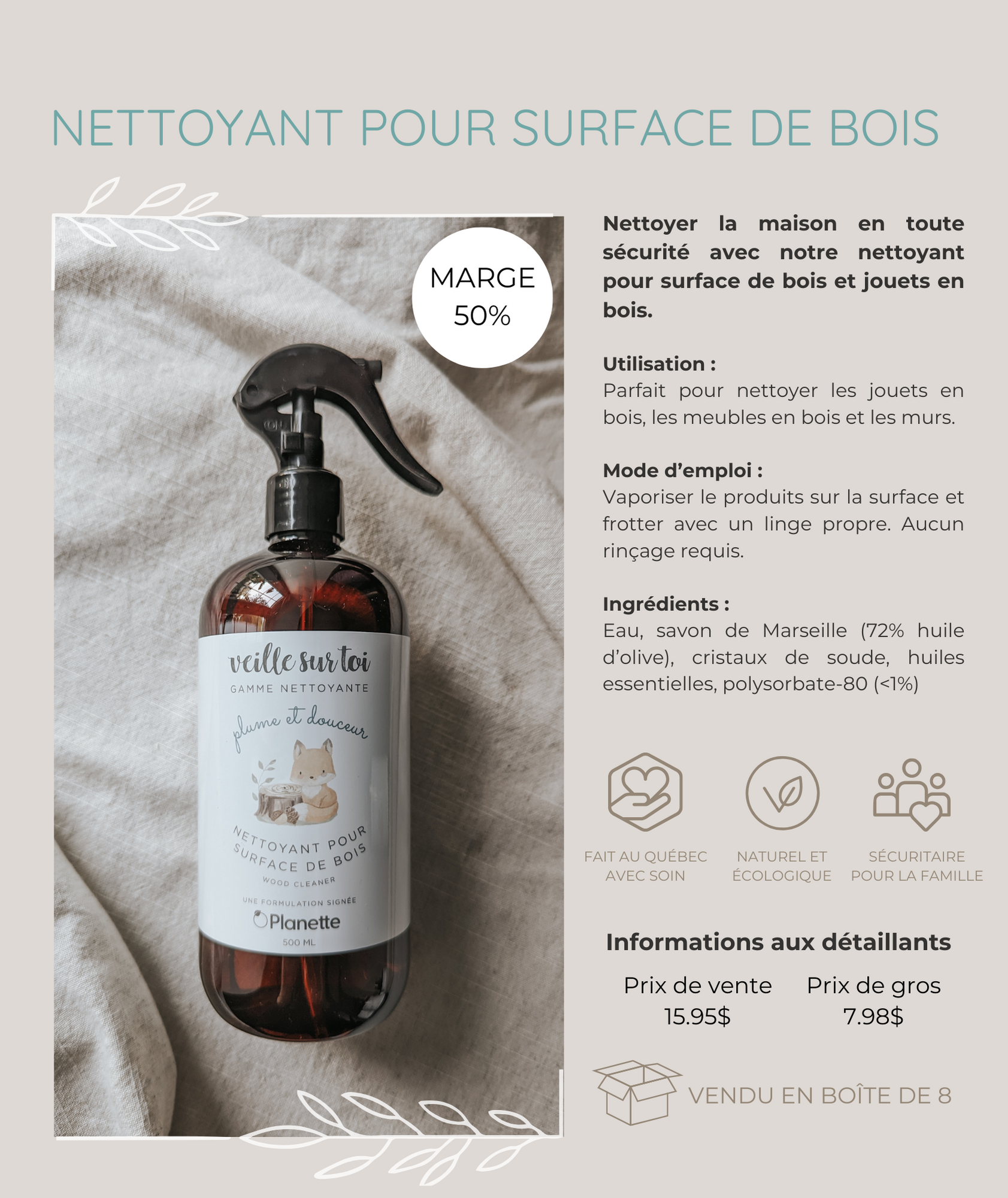 Gamme nettoyante - Nettoyant pour surface de bois - 500 ml - Veille sur toi & Planette