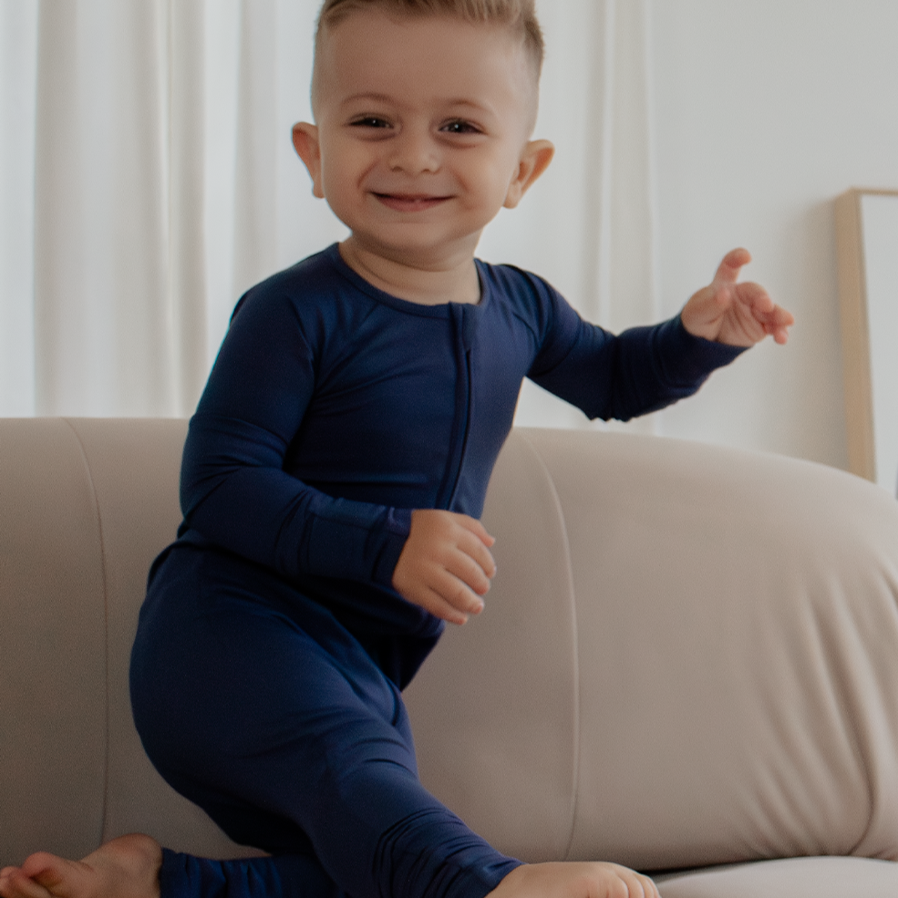 Muted Navy Bamboo Convertible Zippered Romper Lulush The Label Kids Clothing