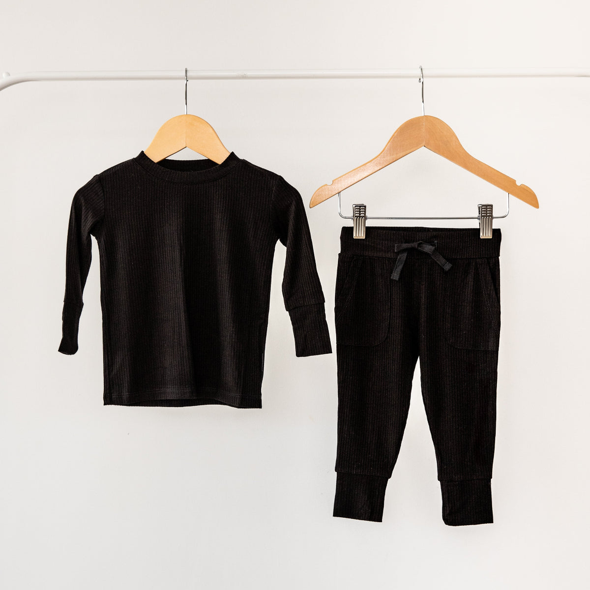Jet Black Ribbed Bamboo 2-Piece Long Sleeve Jogger Set Lulush The Label Kids Clothing