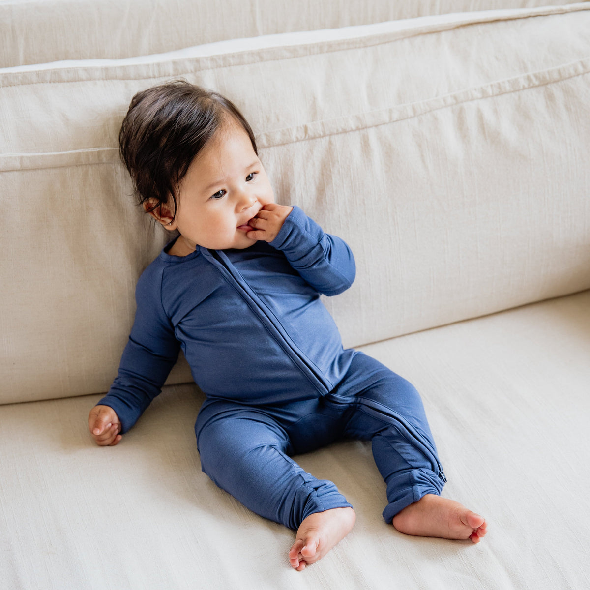 Muted Navy Bamboo Convertible Zippered Romper Lulush The Label Kids Clothing