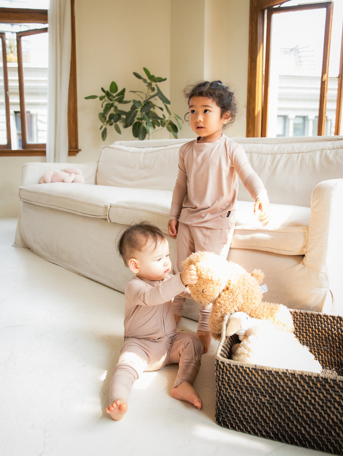 Sandy Taupe Ribbed Bamboo Convertible Zippered Romper Lulush The Label Kids Clothing