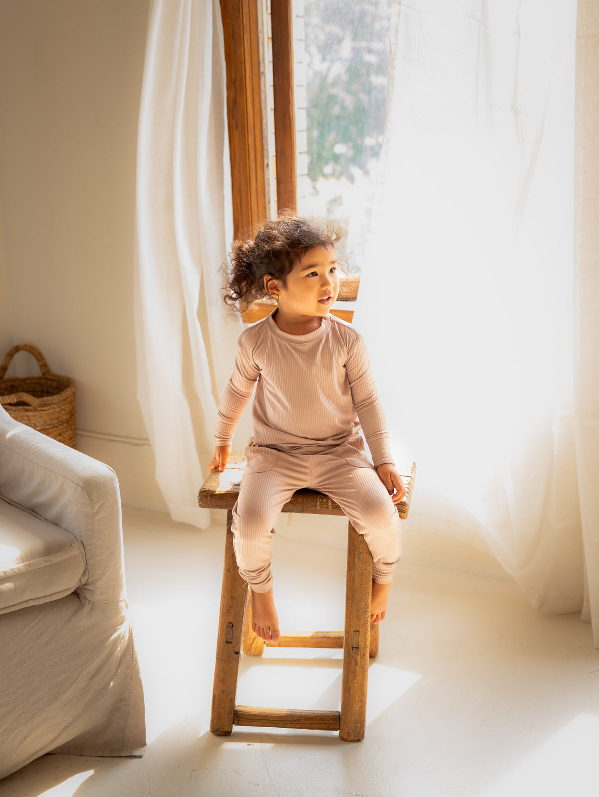 Sandy Taupe Ribbed Bamboo 2-Piece Long Sleeve Jogger Set Lulush The Label Kids Clothing