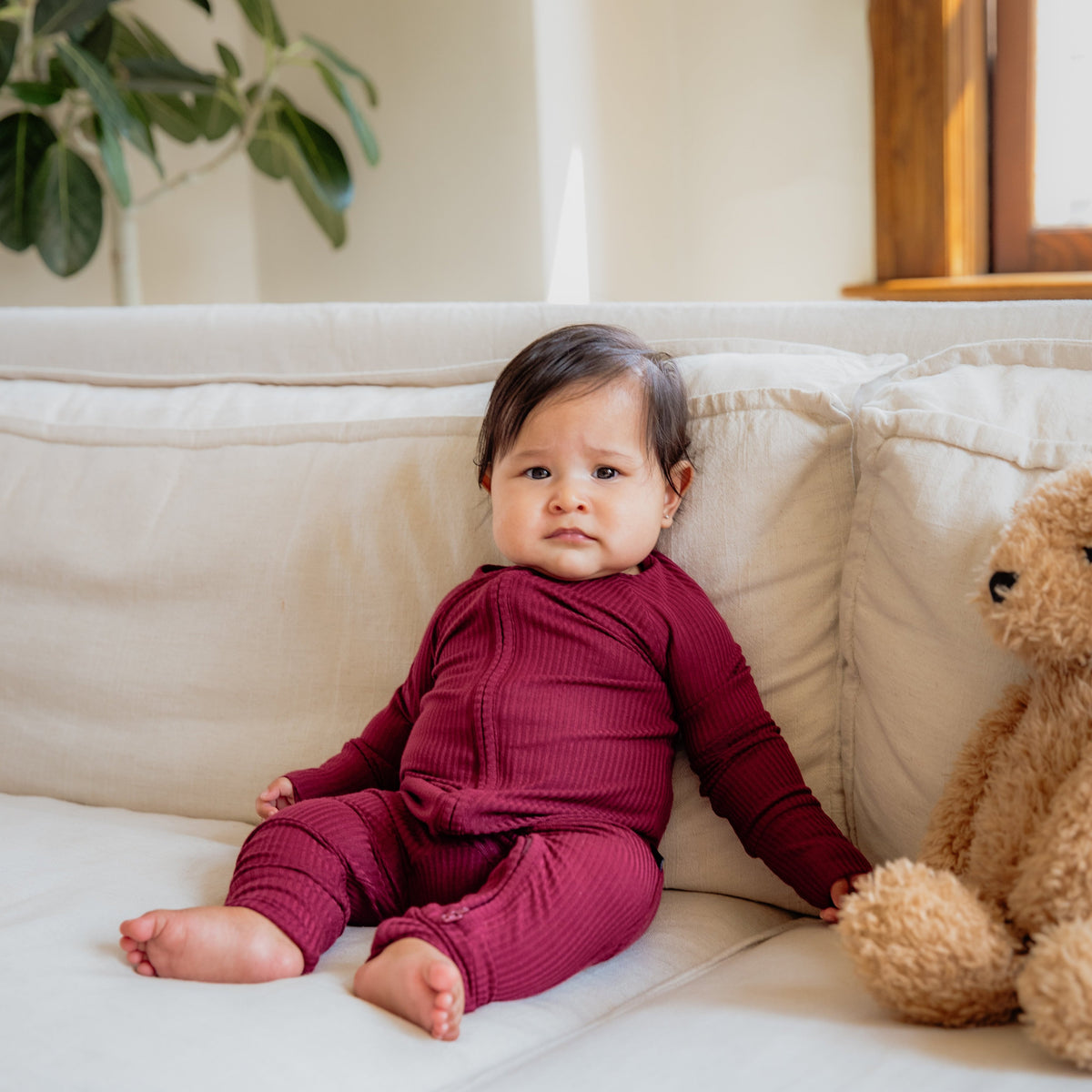 Burgundy Ribbed Bamboo Convertible Zippered Romper Lulush The Label Kids Clothing