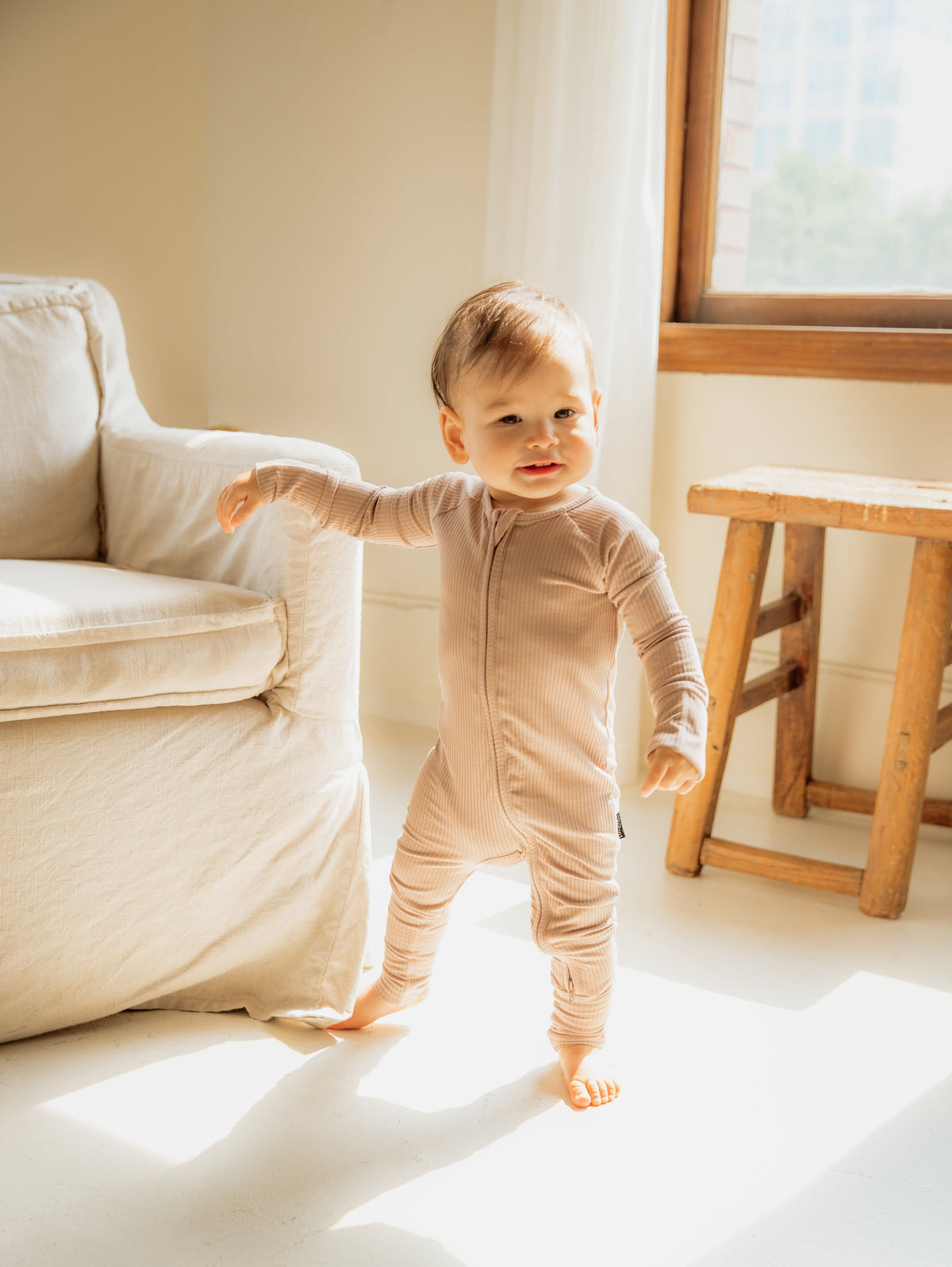 Sandy Taupe Ribbed Bamboo Convertible Zippered Romper Lulush The Label Kids Clothing