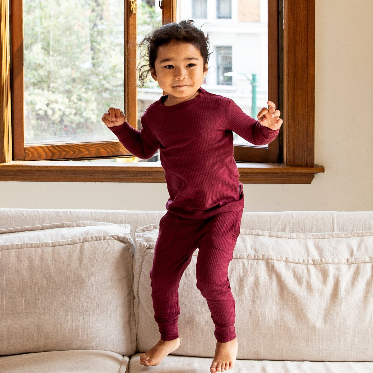 Burgundy Ribbed Bamboo 2-Piece Long Sleeve Jogger Set Lulush The Label Kids Clothing