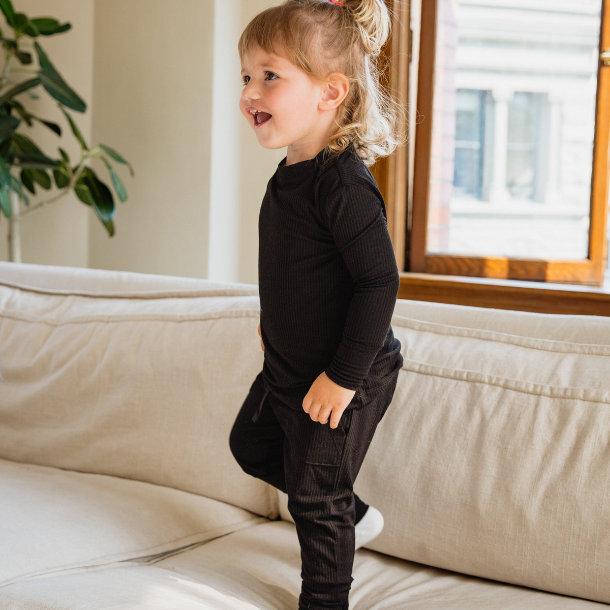 Jet Black Ribbed Bamboo 2-Piece Long Sleeve Jogger Set Lulush The Label Kids Clothing