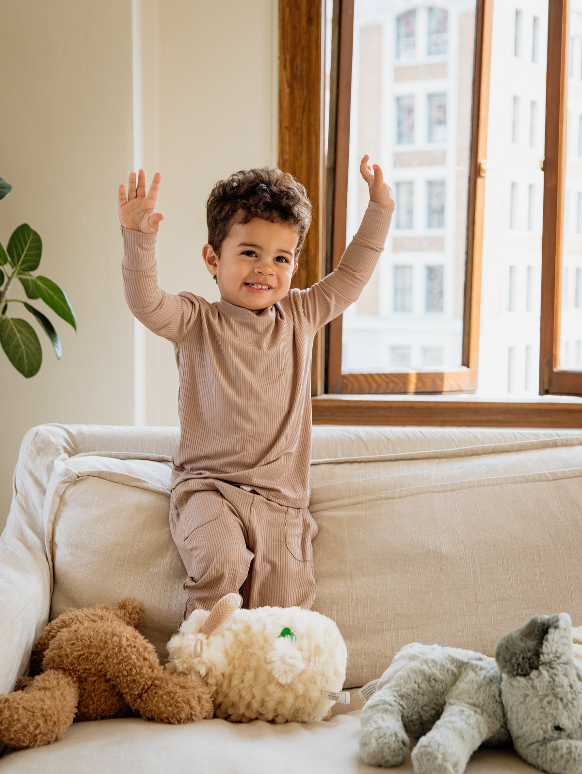 Sandy Taupe Ribbed Bamboo 2-Piece Long Sleeve Jogger Set Lulush The Label Kids Clothing