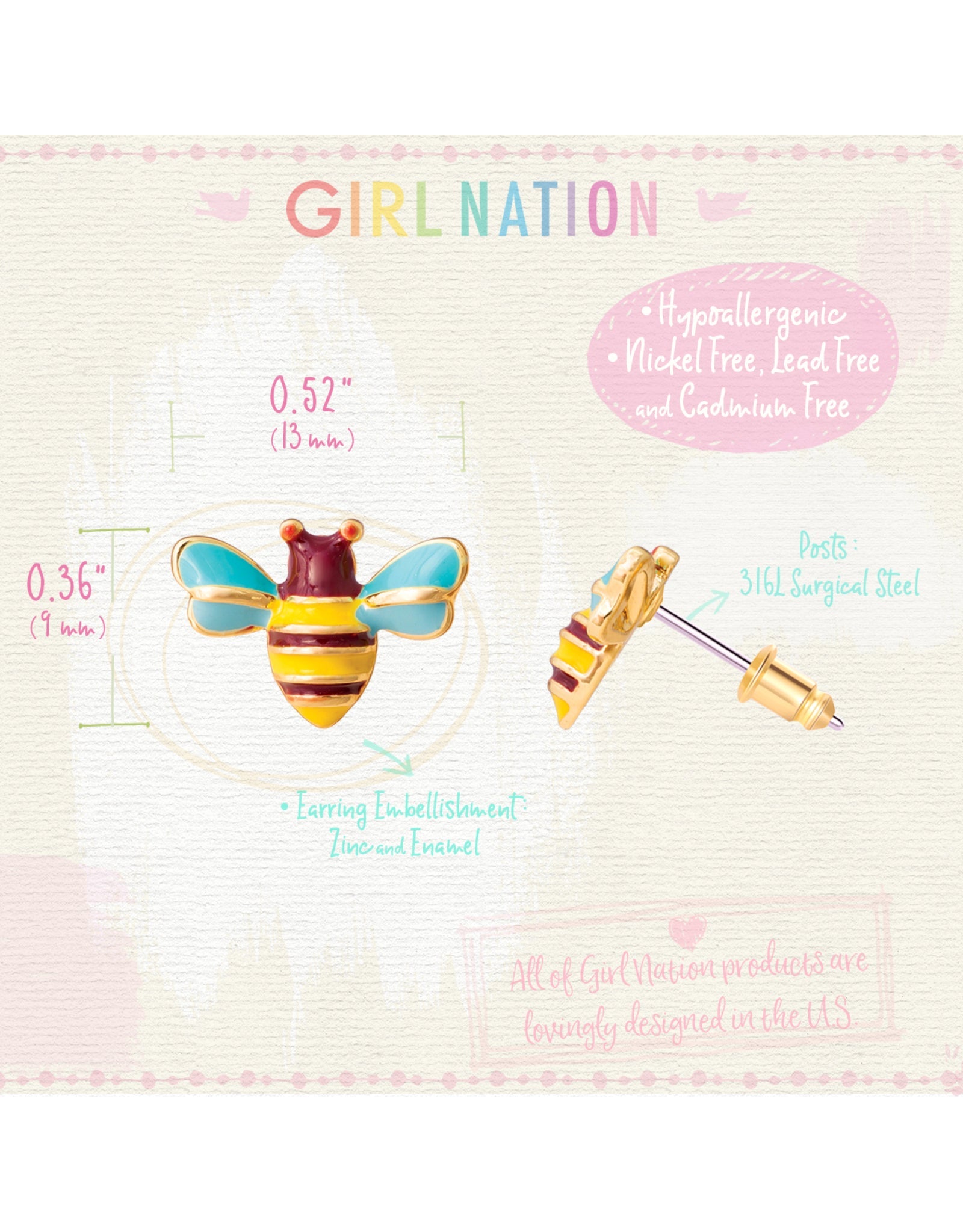 Enamel Stud Earrings - Buzzing Bee - Girl Nation