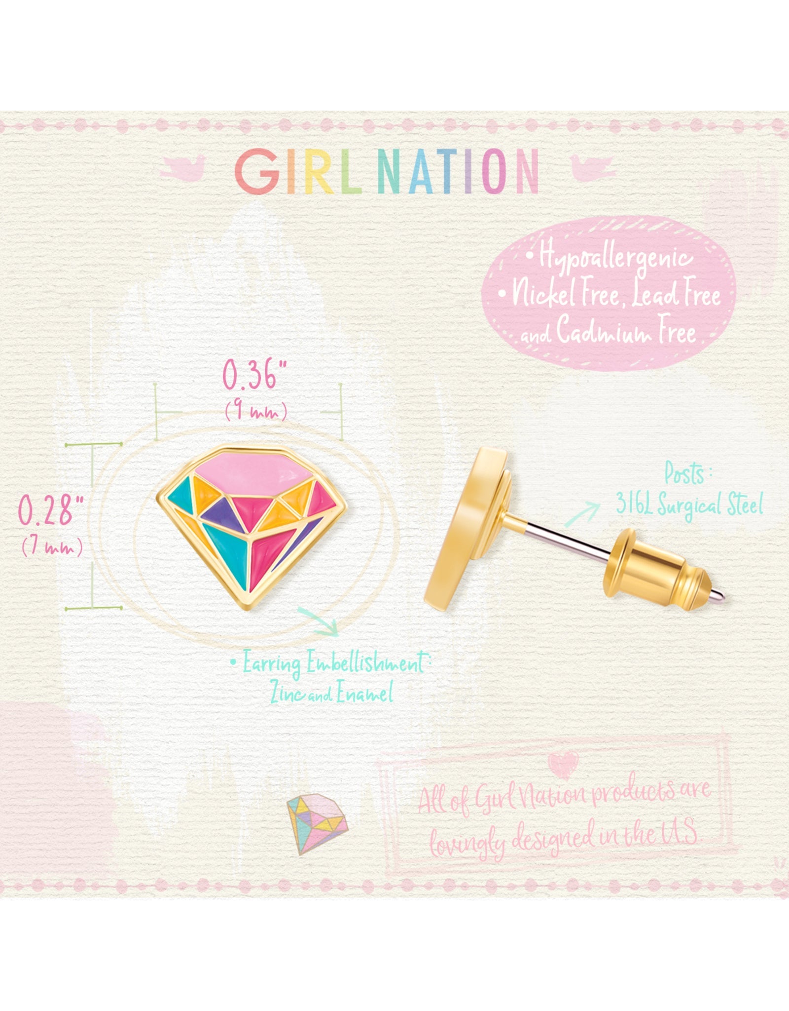 Enamel Stud Earrings - Princess Jewel - Girl Nation
