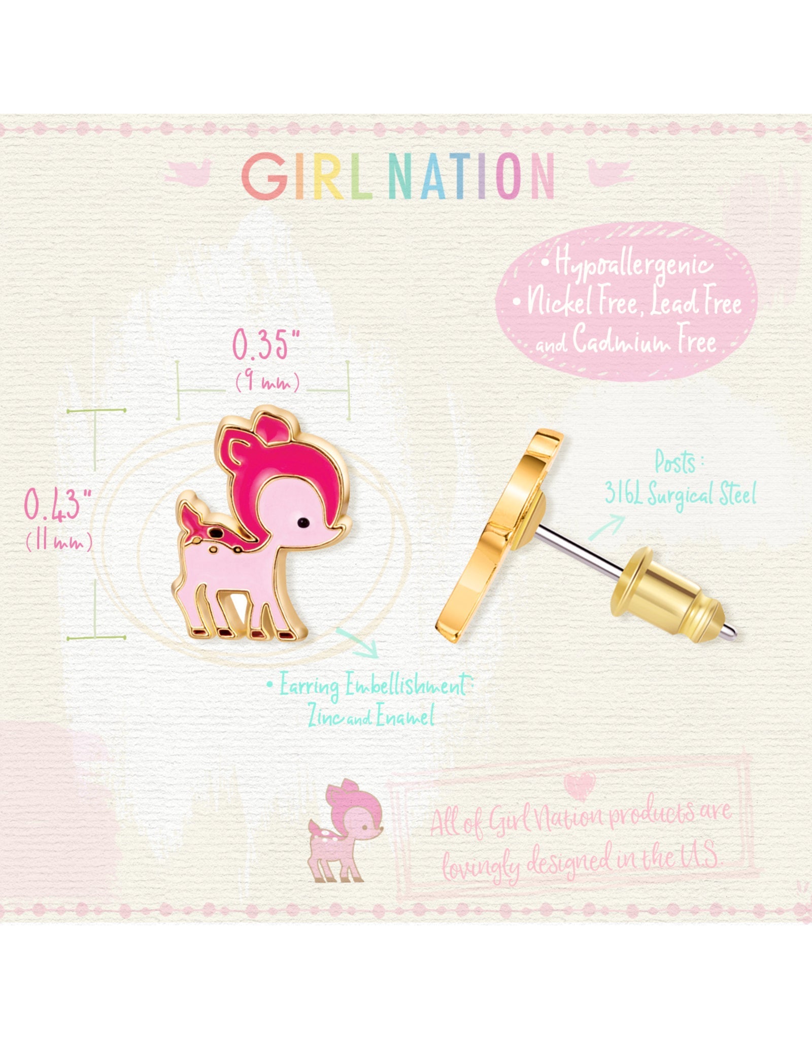 Enamel Stud Earrings - Pink Deer - Girl Nation