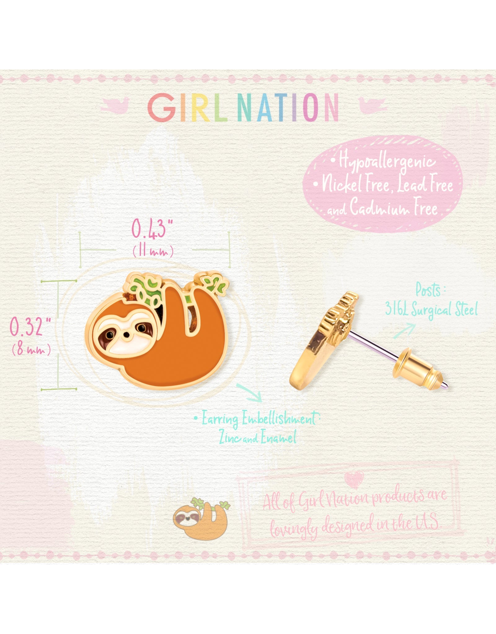 Enamel Stud Earrings - Sloth - Girl Nation