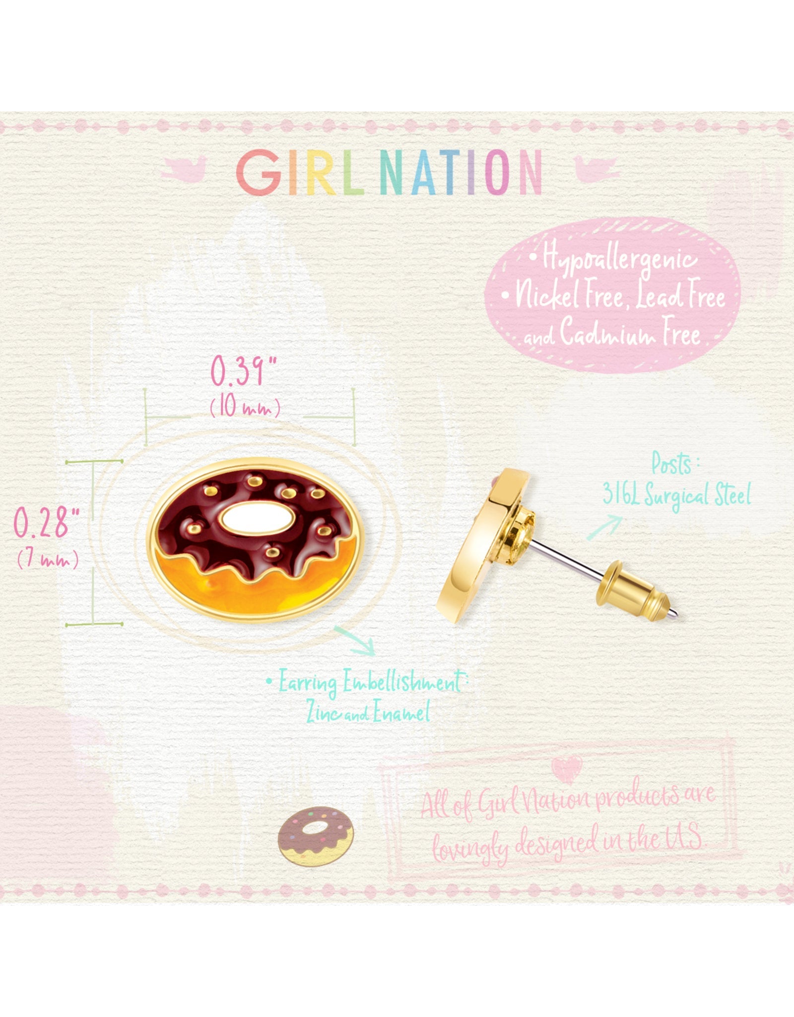 Enamel Stud Earrings - Yummy Donut - Girl Nation
