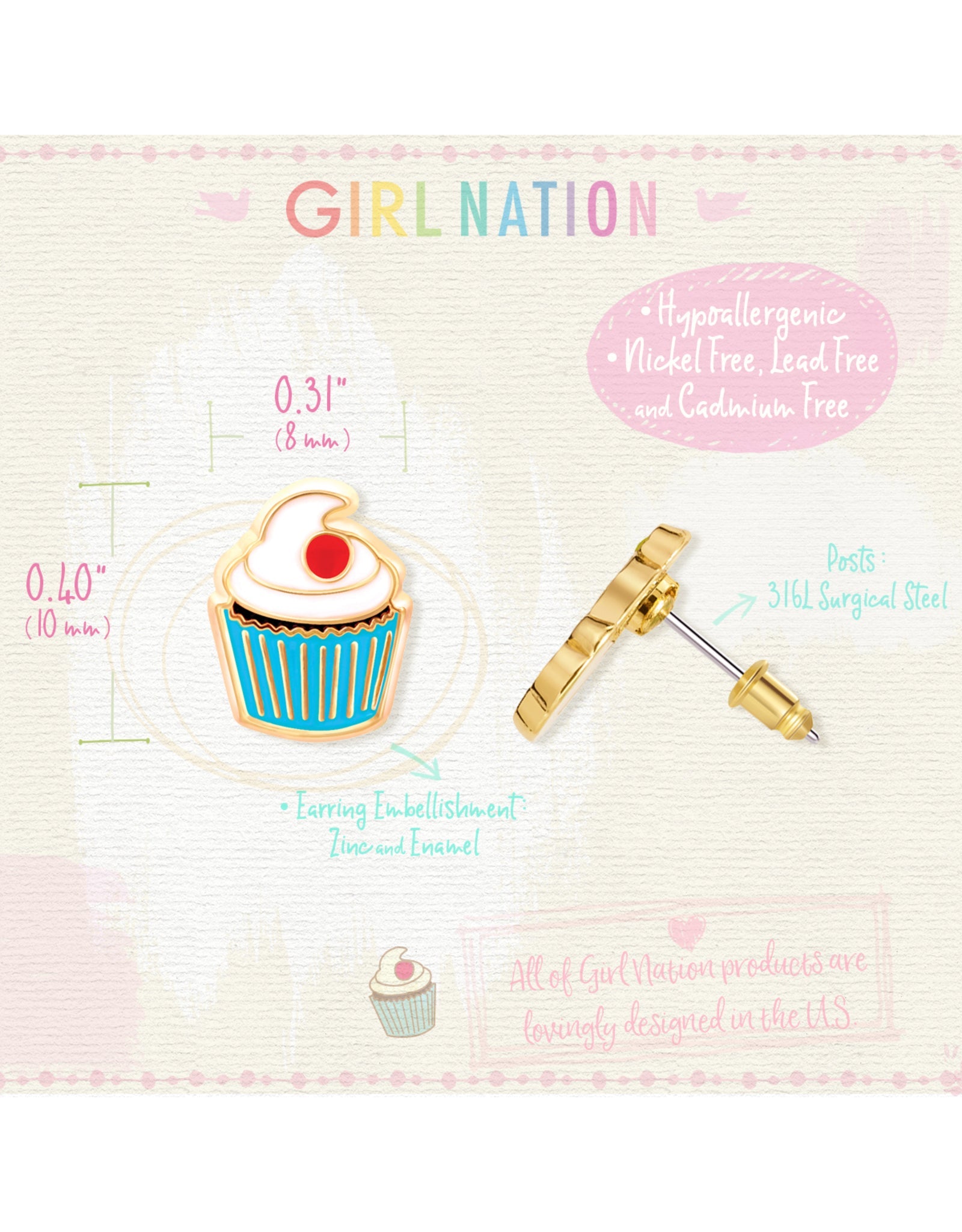 Enamel Stud Earrings - Cupcake - Girl Nation