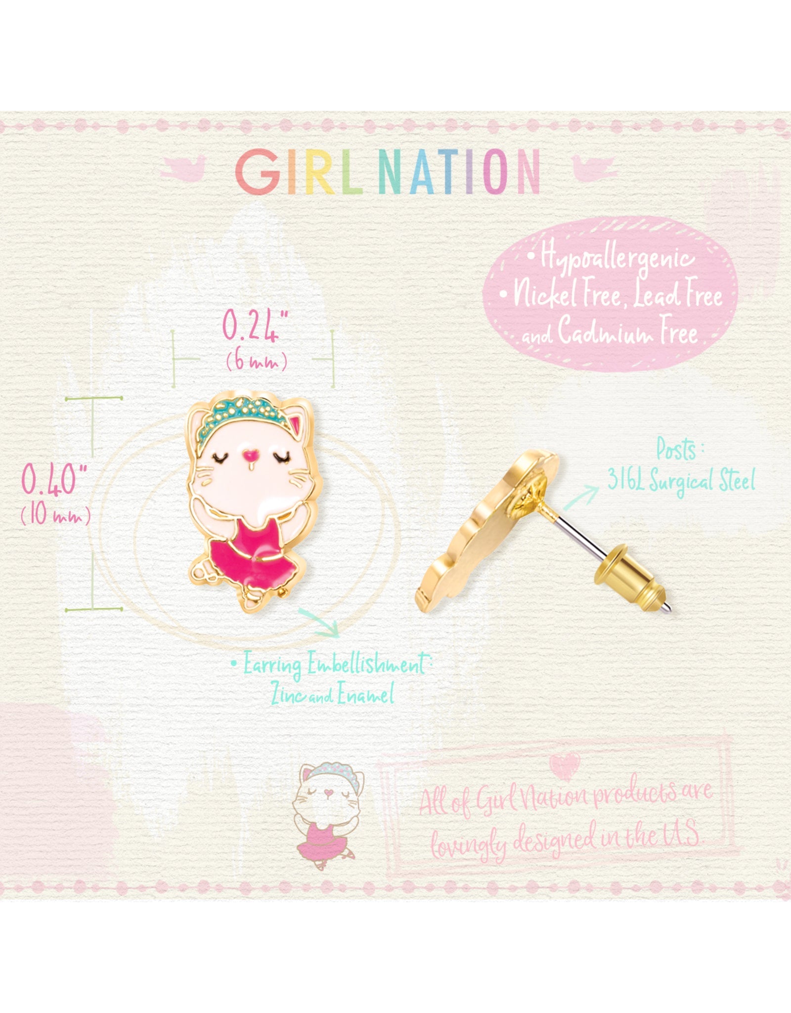 Enamel Studs Earrings - Kitty Ballerina - Girl Nation