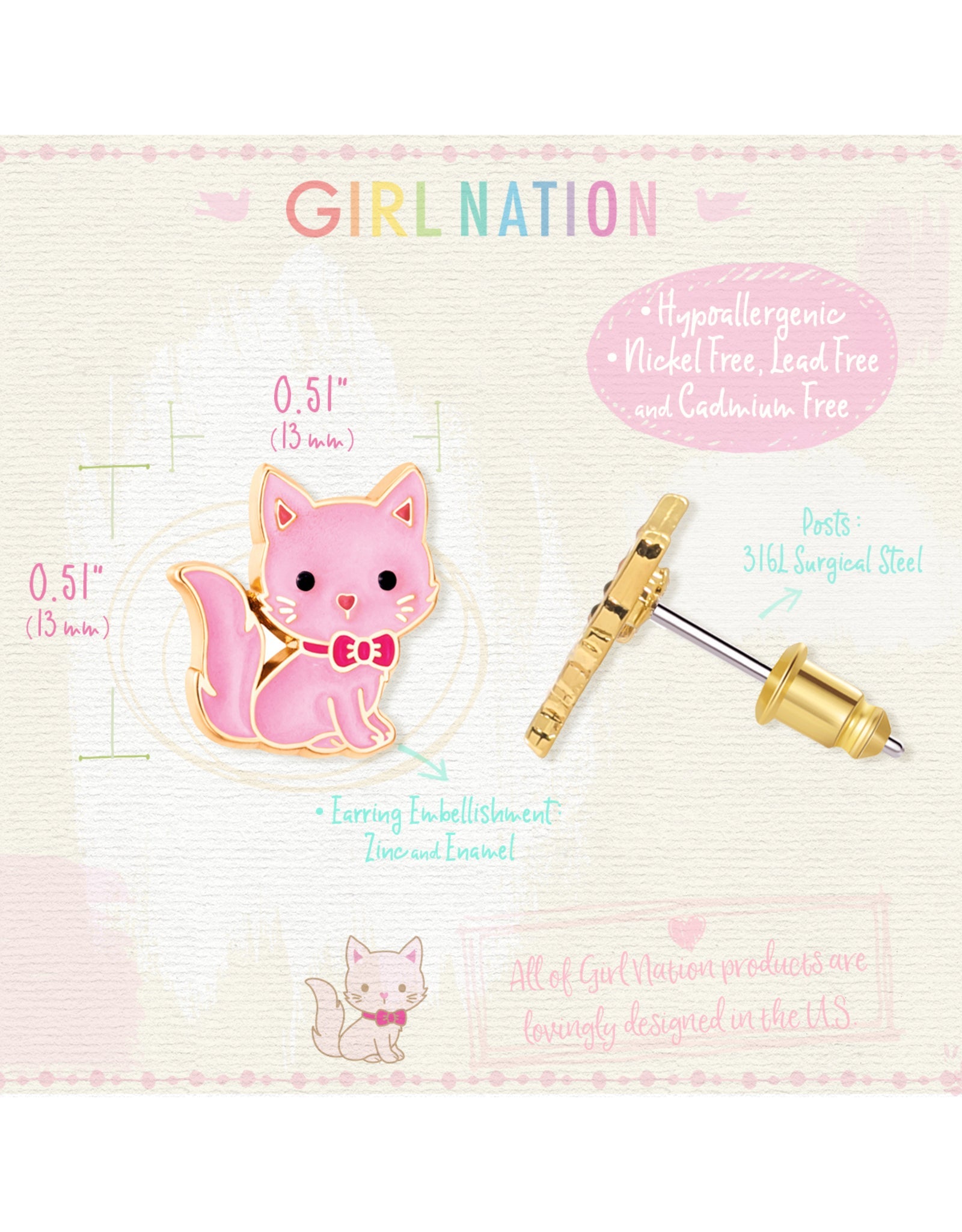 Enamel Studs Earrings - Pink Kitty - Girl Nation