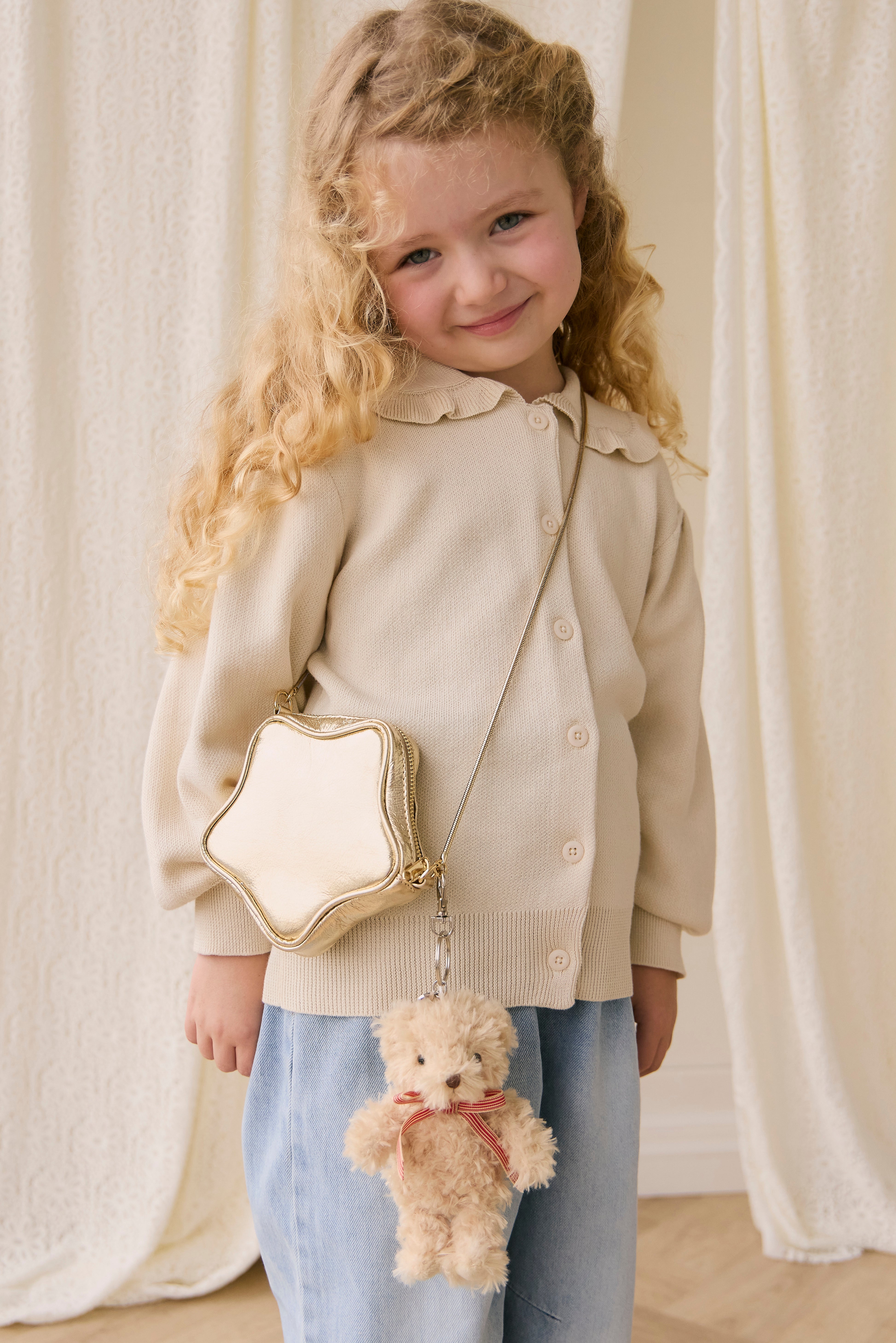 Keyring - Arthur the Bear with red stripe ribbon bow - Snuggle Bunnies