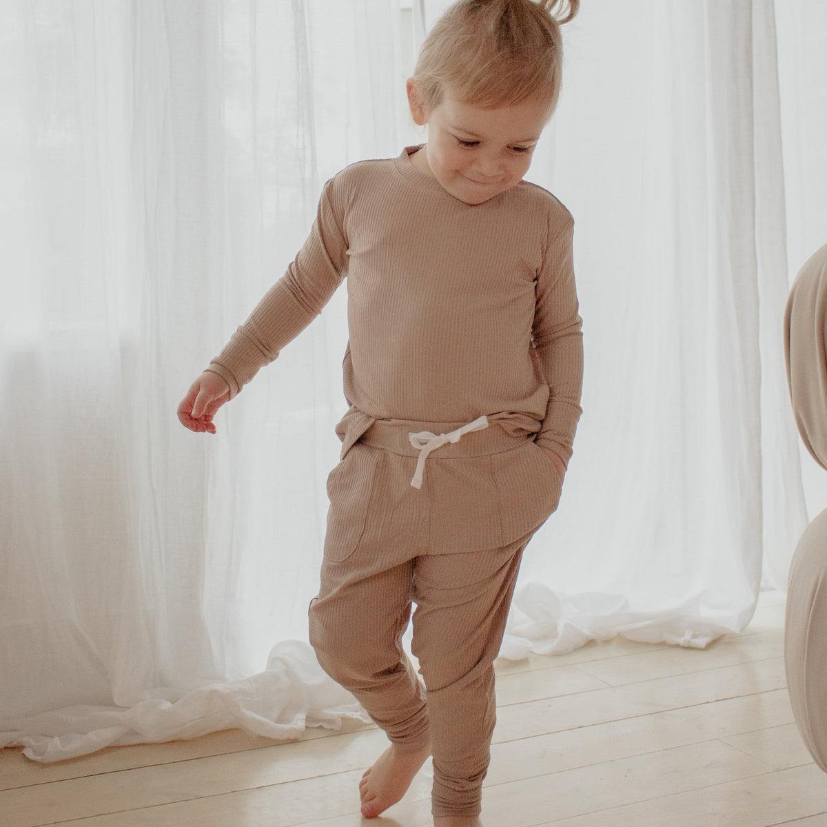 Sandy Taupe Ribbed Bamboo 2-Piece Long Sleeve Jogger Set Lulush The Label Kids Clothing