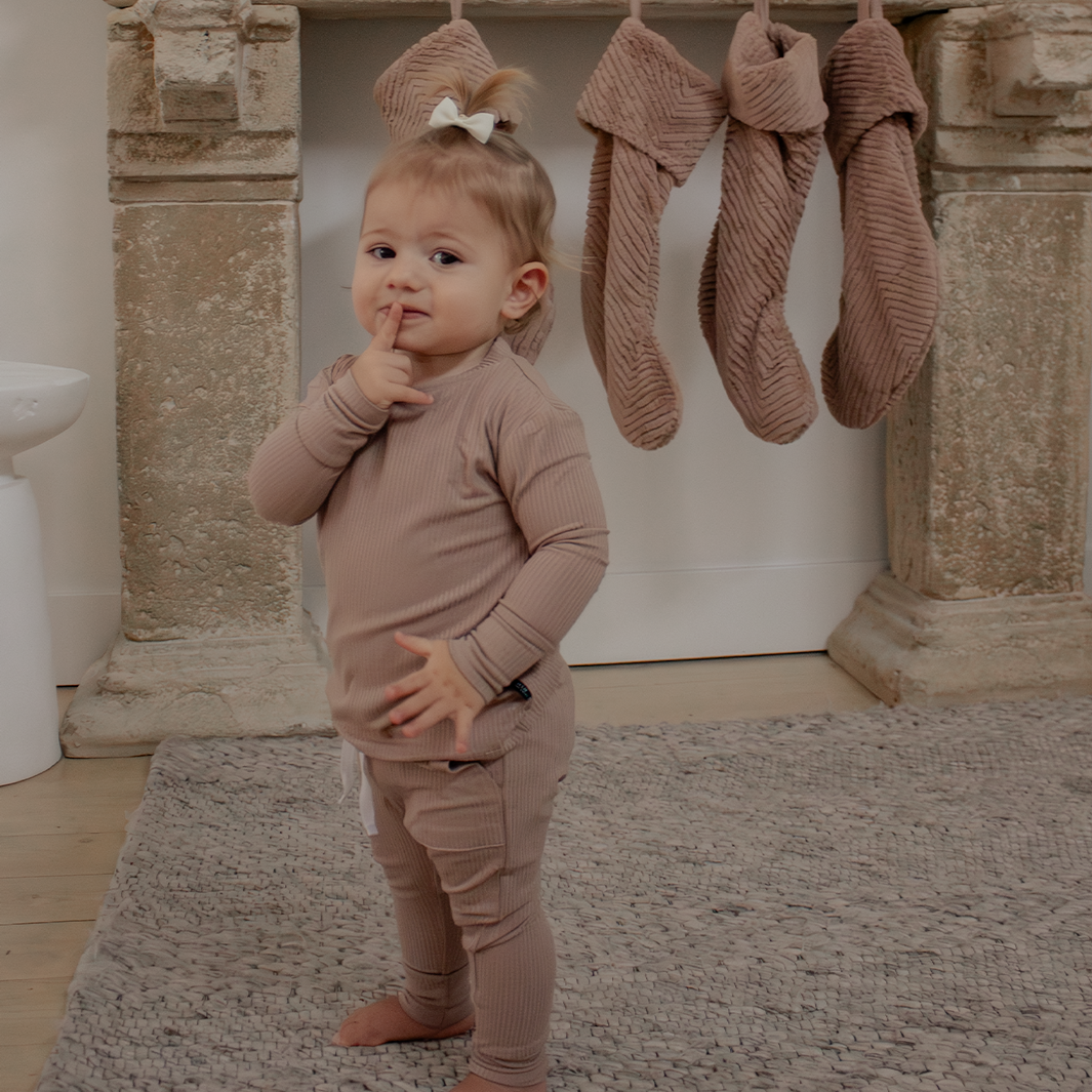 Sandy Taupe Ribbed Bamboo 2-Piece Long Sleeve Jogger Set Lulush The Label Kids Clothing