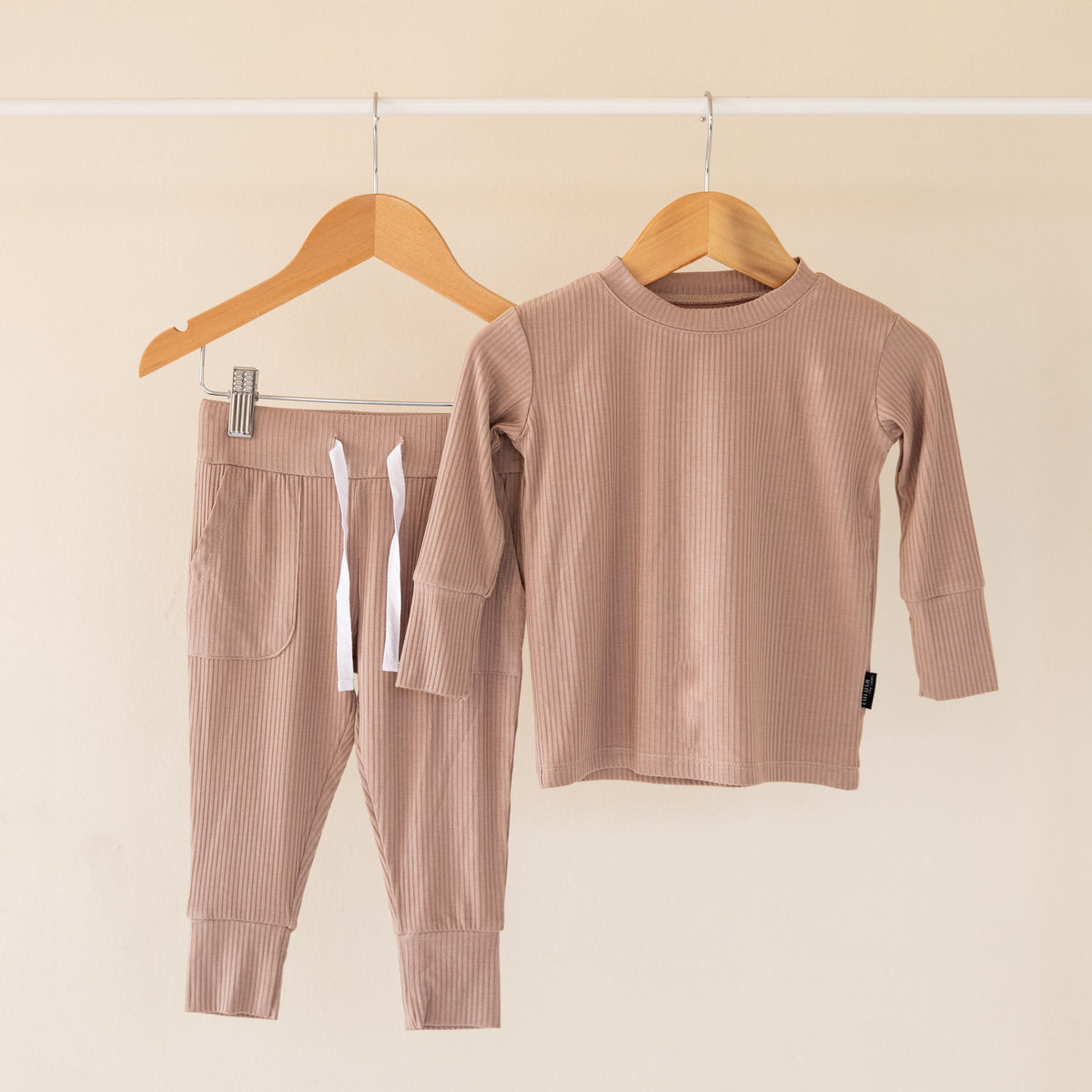 Sandy Taupe Ribbed Bamboo 2-Piece Long Sleeve Jogger Set Lulush The Label Kids Clothing
